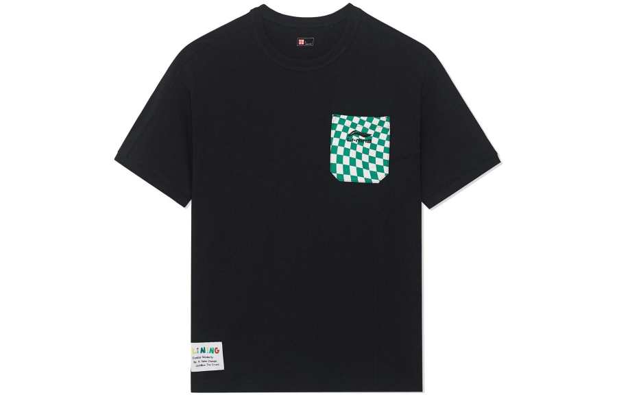 Li-Ning Li Ning T Shirts Unisex Black Crew Neck Moderate Straight Fit