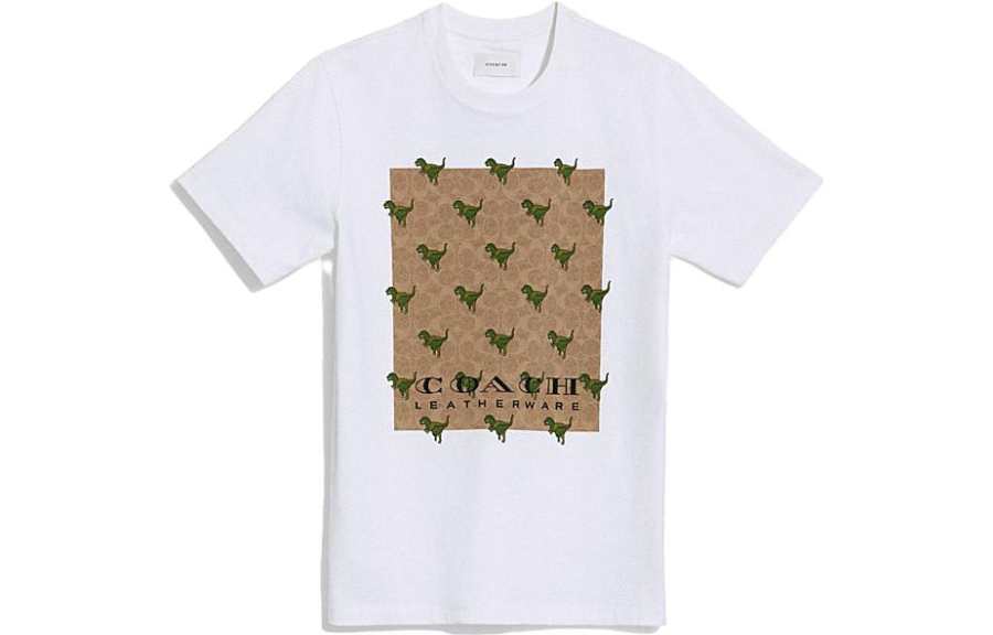 COACH Timeless Collection, Dinosaur Print Crew Neck Pullover Short Sleeved SS23 T Shirt Men's White