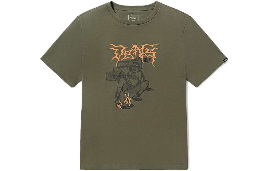 Vans T Shirts Unisex Army Green Crew Neck Moderate Straight Fit