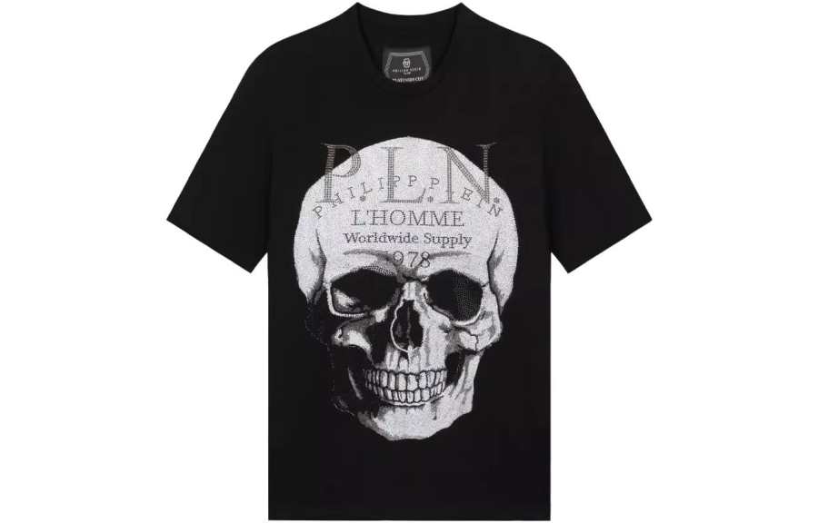 PHILIPP PLEIN T Shirts Men's Black Crew Neck Moderate Straight Fit