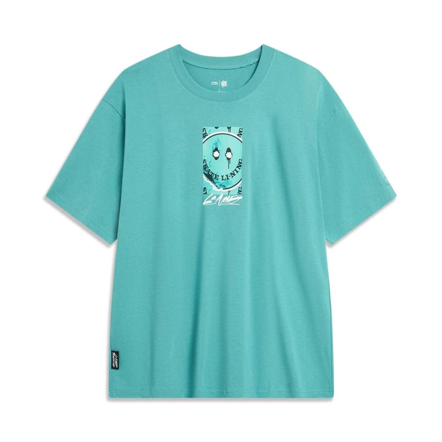 Li-Ning Li Ning Skateboard T Shirts Unisex French Emerald Green Crew Neck Moderate Straight Fit