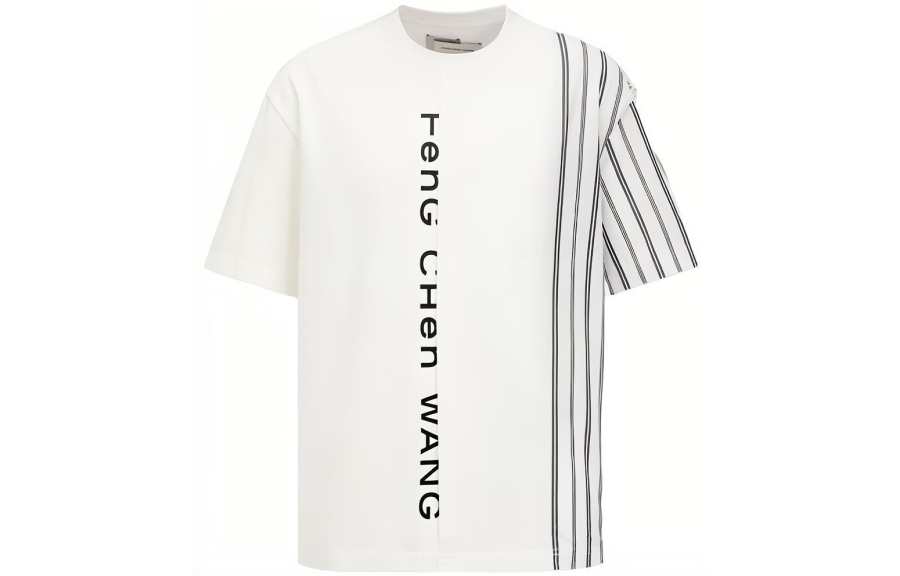 Feng Chen Wang Feng Chen Wang Patchwork Collection T Shirts Men's White Crew Neck Moderate Straight Fit
