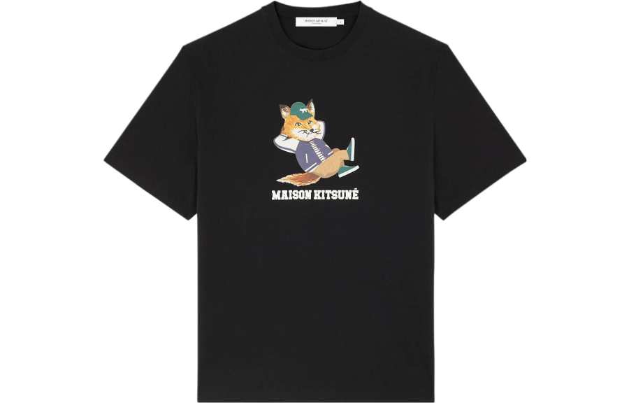 Maison Kitsune T Shirts Men's Black Crew Neck Moderate Straight Fit