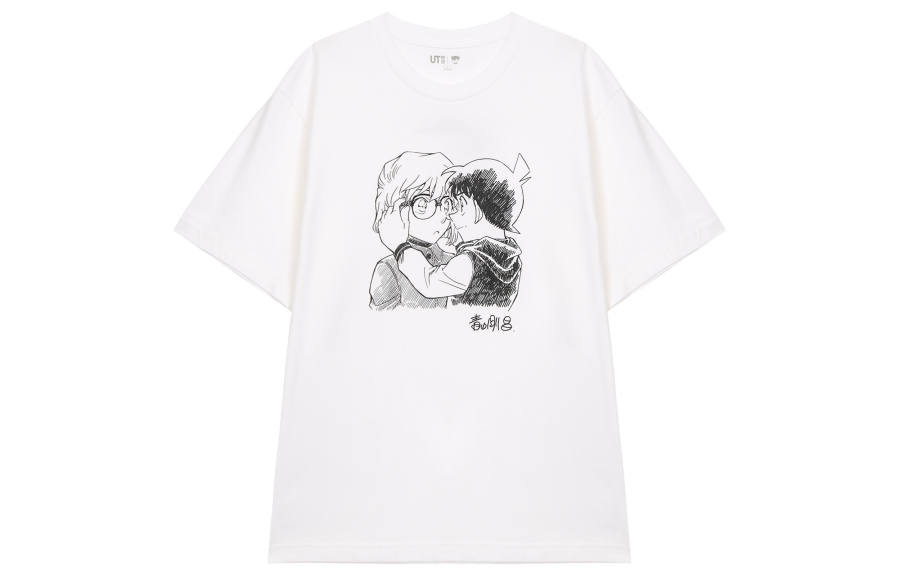 UNIQLO Detective Conan Co Branded T Shirts Unisex White Crew Neck Moderate Straight Fit