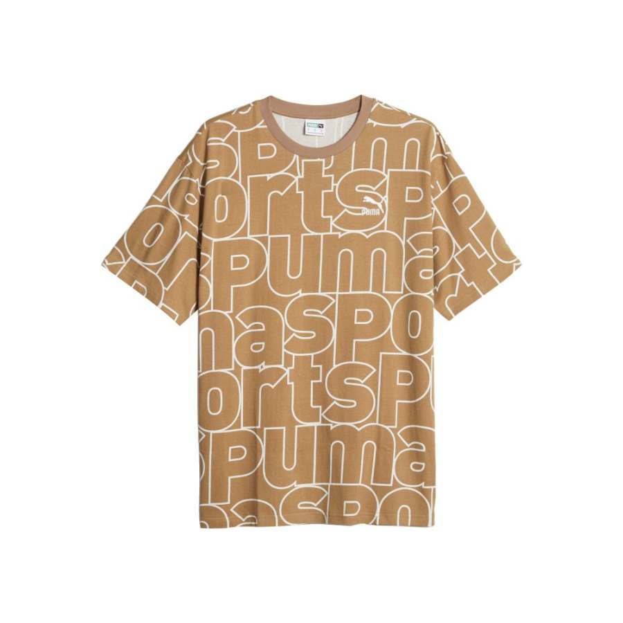 PUMA AOP T Shirts Men's Dark Camel Crew Neck Moderate Straight Fit