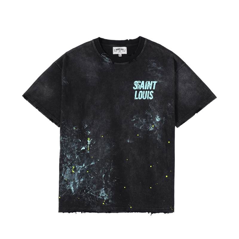 SSSAINT LOUIS T Shirts Unisex Washed Black Crew Neck Moderate Straight Fit