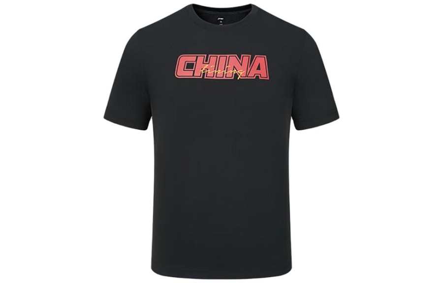 Li-Ning Li Ning T Shirts Unisex Black Crew Neck Thin Straight Fit