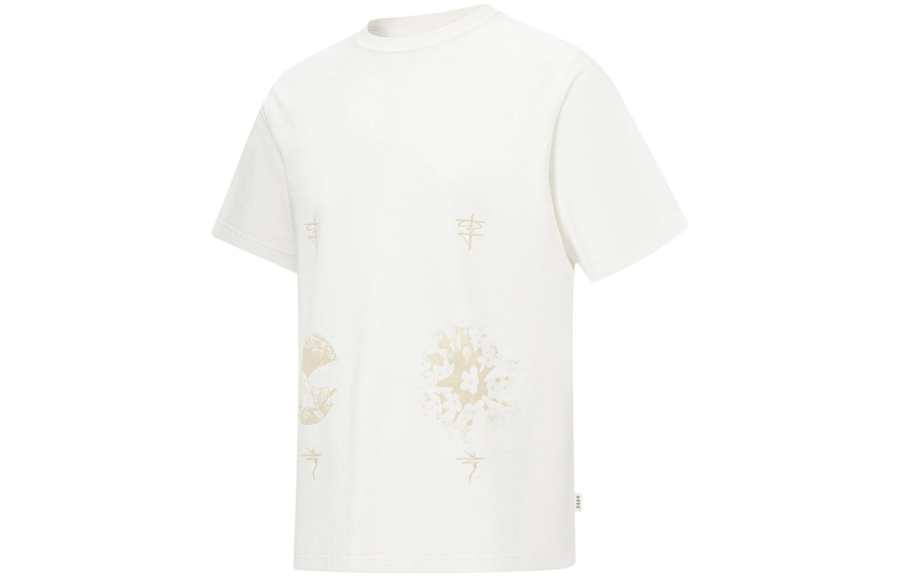 Li-Ning Li Ning T Shirts Unisex Ivory Crew Neck Moderate Straight Fit