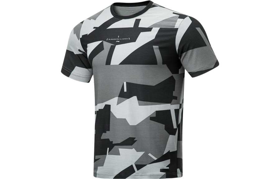 Li-Ning Li Ning Fitness Series T Shirts Men's Black Gray All Over Print Crew Neck Moderate Straight Fit