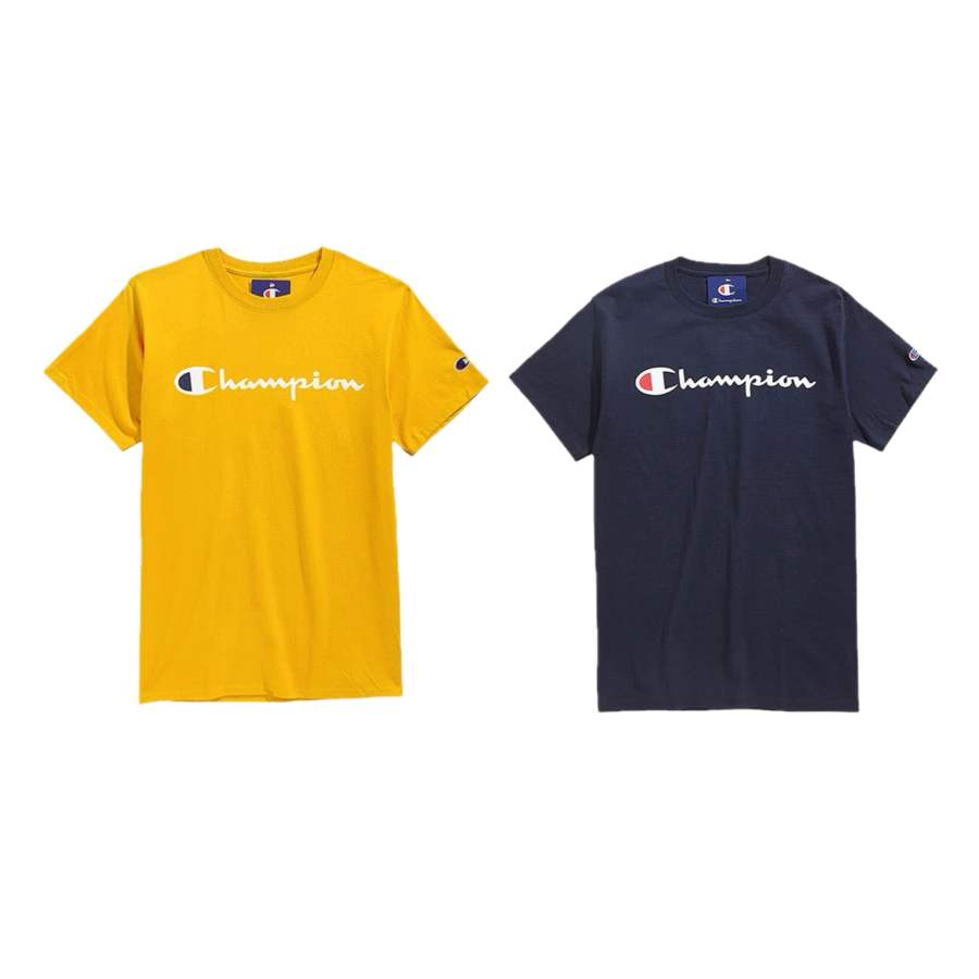 Champion T Shirts Unisex Gold+Navy Blue Crew Neck Moderate Straight Fit