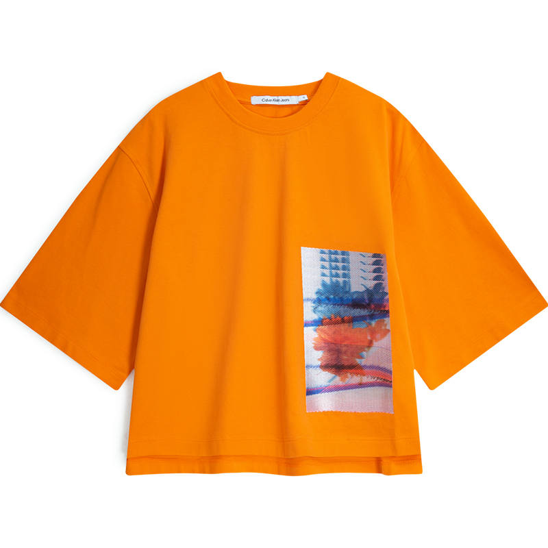 Calvin Klein T Shirts Women's Orange Red Crew Neck Moderate Straight Fit
