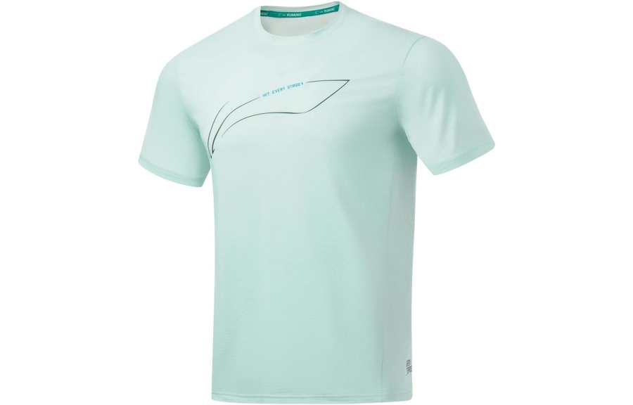 Li-Ning Li Ning Running Collection T Shirts Men's Light Blue Bowl Crew Neck Moderate Straight Fit
