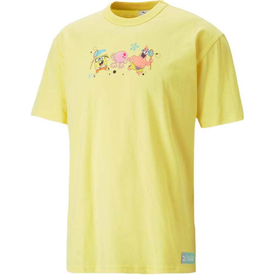 PUMA X SPONGEBOB T Shirts Men's Light Yellow Crew Neck Moderate Straight Fit