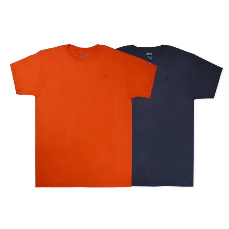 Champion T Shirts Unisex Orange+Navy Blue Crew Neck Moderate Straight Fit