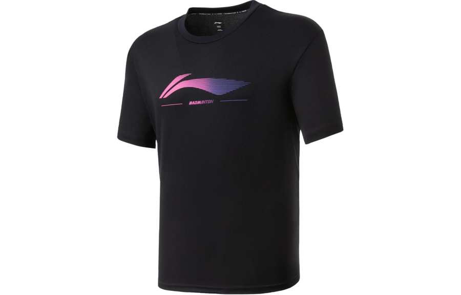Li-Ning Li Ning T Shirts Unisex Black Crew Neck Moderate Straight Fit