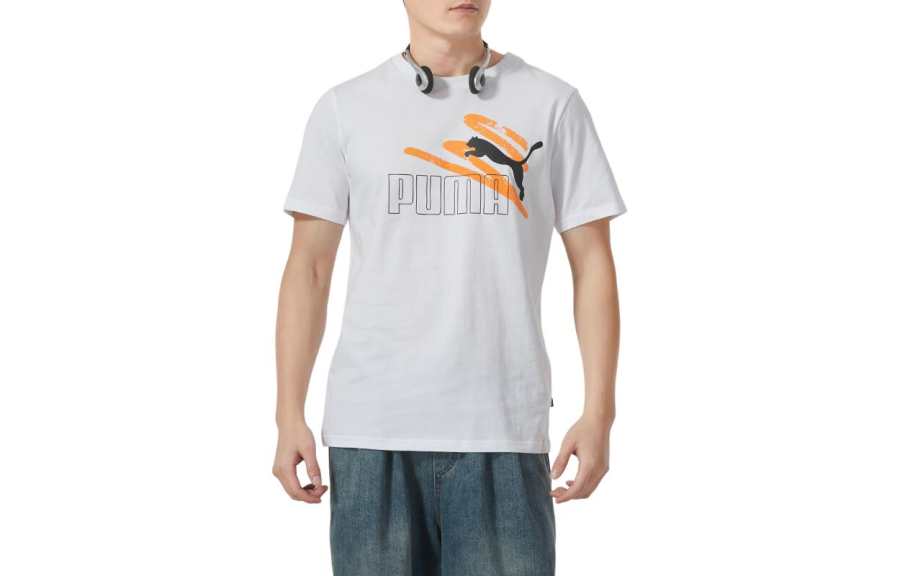 PUMA T Shirts Men's White Crew Neck Moderate Straight Fit