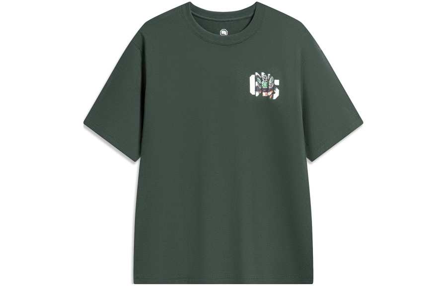 Li-Ning Li Ning T Shirts Unisex Dark Green Crew Neck Moderate Straight Fit