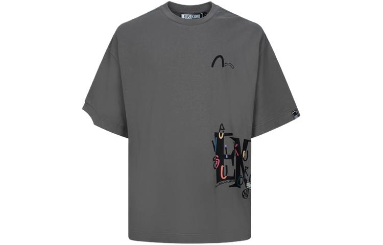 EVISU T Shirts Men's Charcoal Gray Crew Neck Moderate Straight Fit
