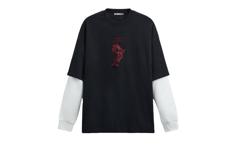 ZARA Year Of The Dragon Limited Edition Collection T Shirts Men's Gray Crew Neck Moderate Mock Two Piece