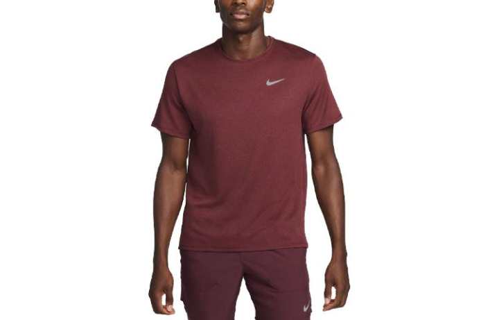 Nike Nike MILER T Shirts Men's Burgundy Crew Neck Moderate Straight Fit