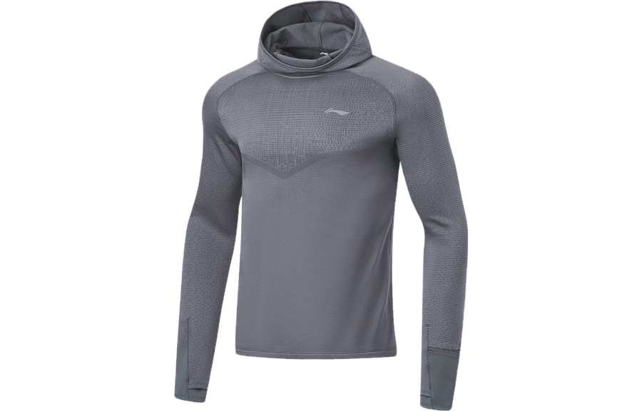 Li-Ning Li Ning Running Collection T Shirts Men's Ebony Black Hooded Thickened And Fleece Lined Straight Fit