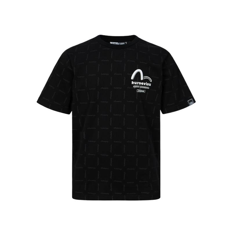 EVISU T Shirts Men's Black All Over Print Crew Neck Moderate Straight Fit