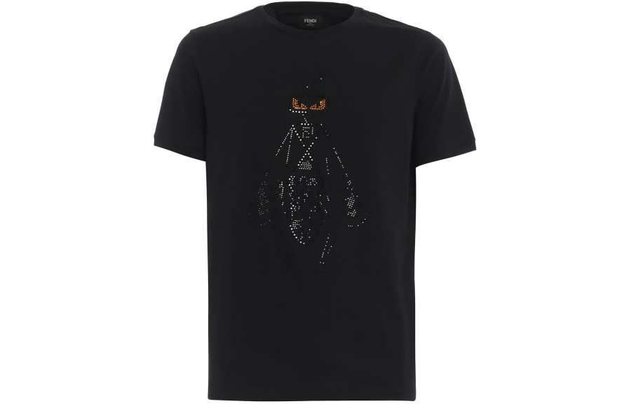 FENDI T Shirts Men's Black Crew Neck Moderate Straight Fit