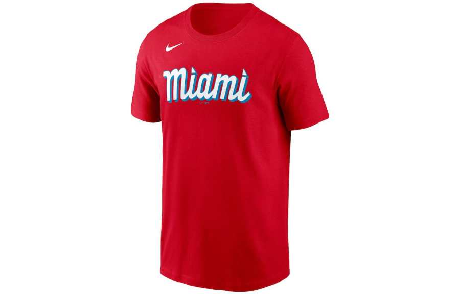 Nike Nike Miami Marlins T Shirts Men's Red Crew Neck Moderate Straight Fit