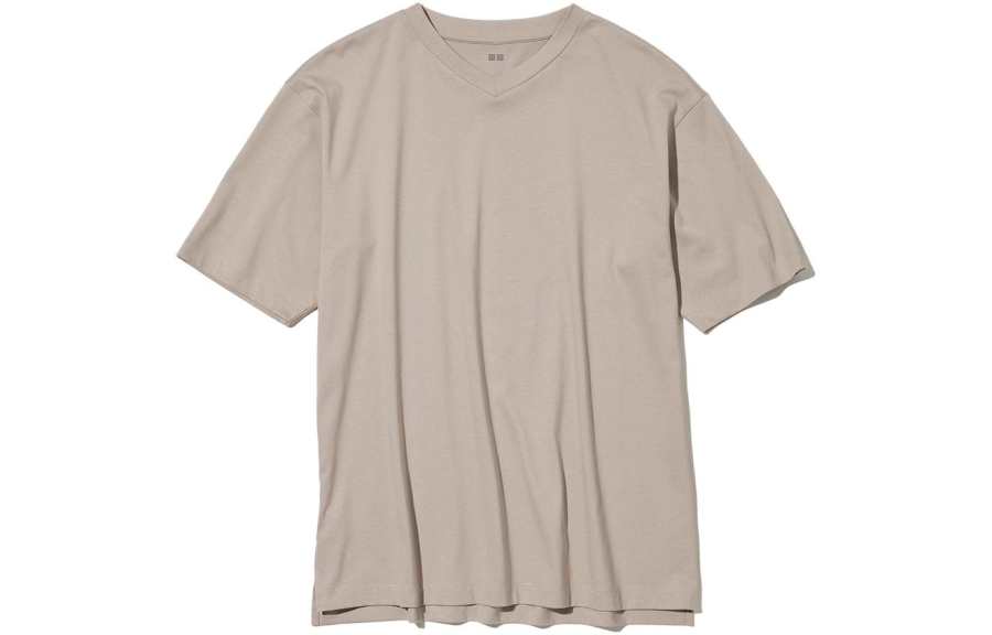 UNIQLO T Shirts Unisex Light Beige V Neck Moderate