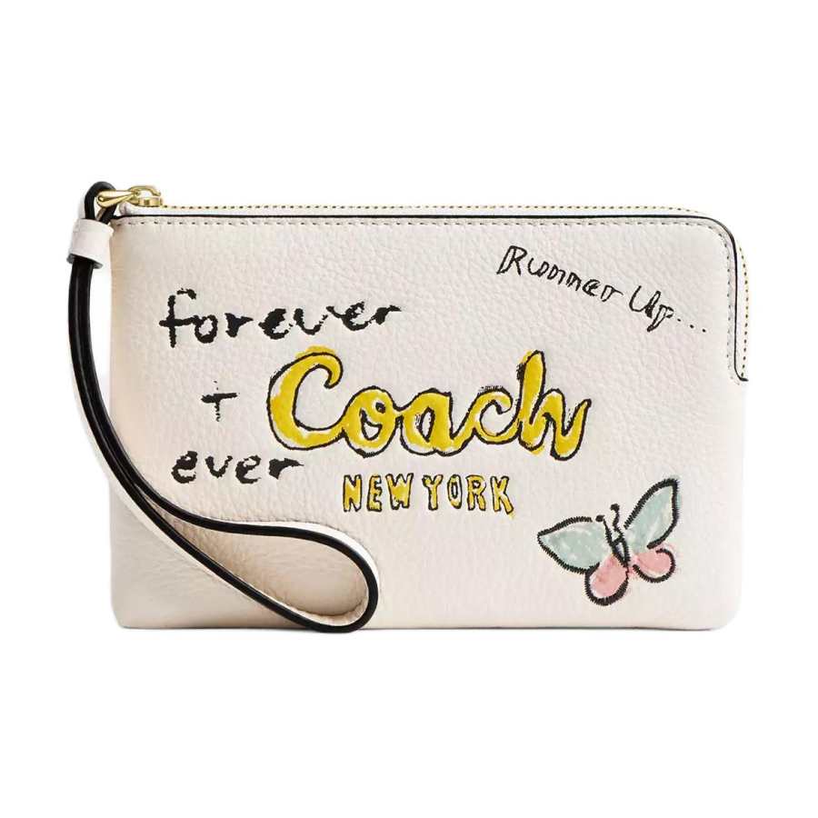 COACH COACH Corner Zip Pebbled Leather Wallet Regular Women's Gold & Chalk Multicolor