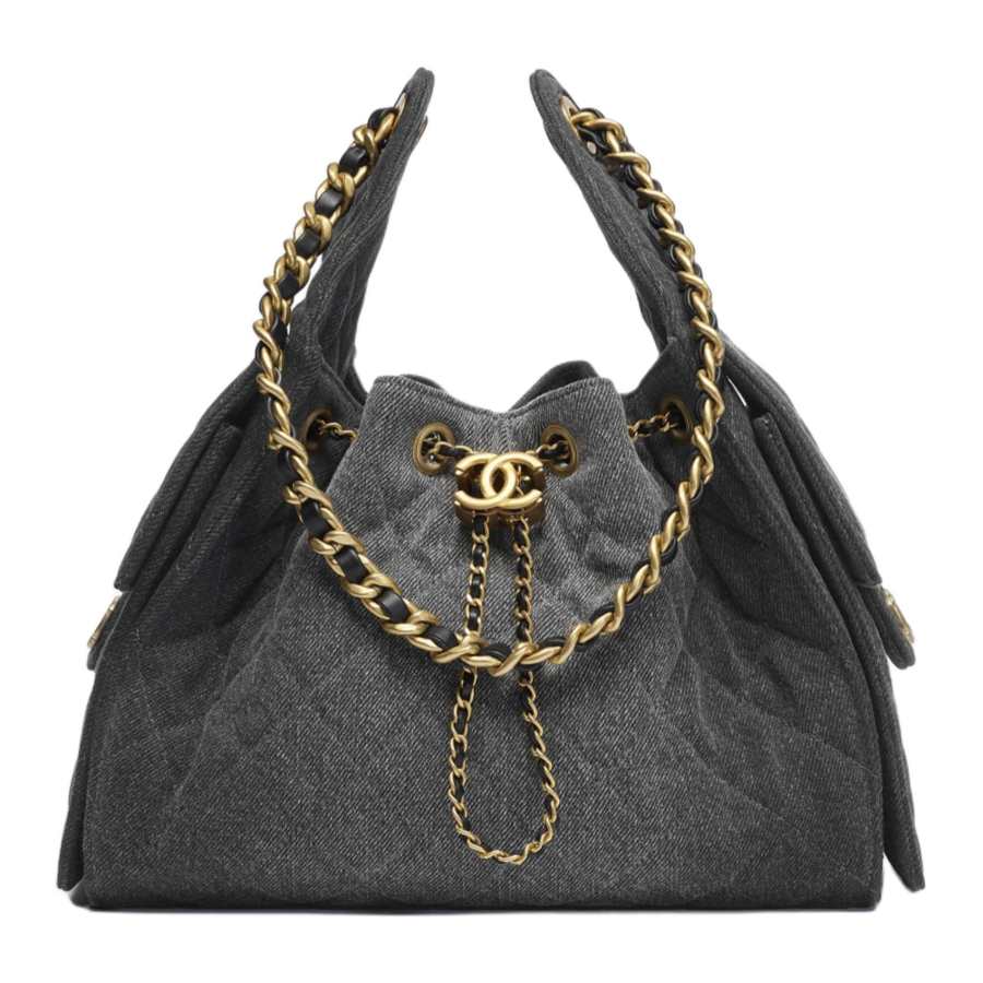 CHANEL 25Bag Denim Material Gold Metal Shoulder Bag Small Women's Black