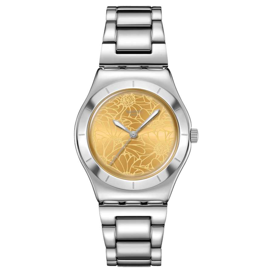 SWATCH BLOSSOM TIME Quartz Movement 30m Waterproof Unisex Watch 33mm Yellow Watch Dial Stainless Steel Case