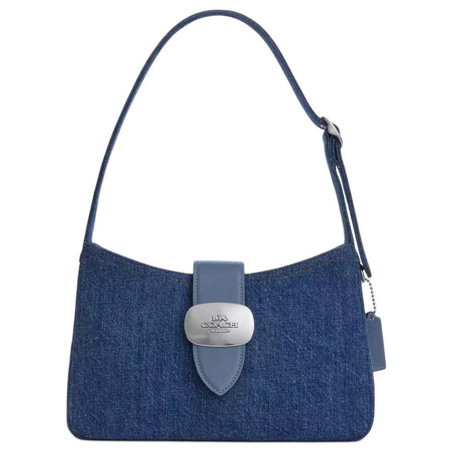 COACH ElizaSignature Denim With Smooth Leather Handbag, Shoulder Bag Medium Women's Blue & Silver & Indigo