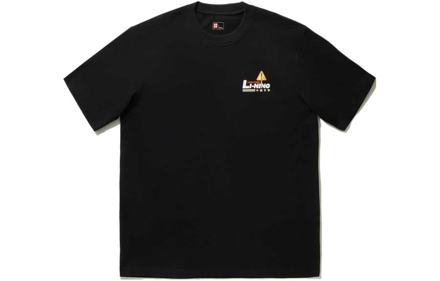 Li-Ning Li Ning T Shirts Unisex Black Crew Neck Moderate Straight Fit