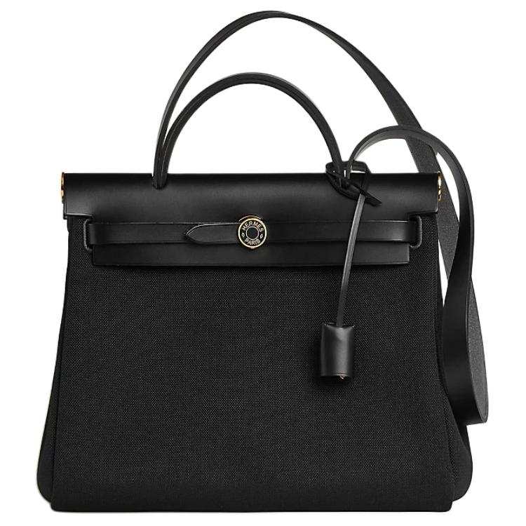 HERMES Herbag Zip Cowhide Patchwork Canvas Shoulder Bag, Crossbody Bag, Handbag 31 Women's 89 Noir Black
