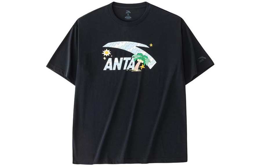 ANTA T Shirts Men's Black Crew Neck Moderate Straight Fit