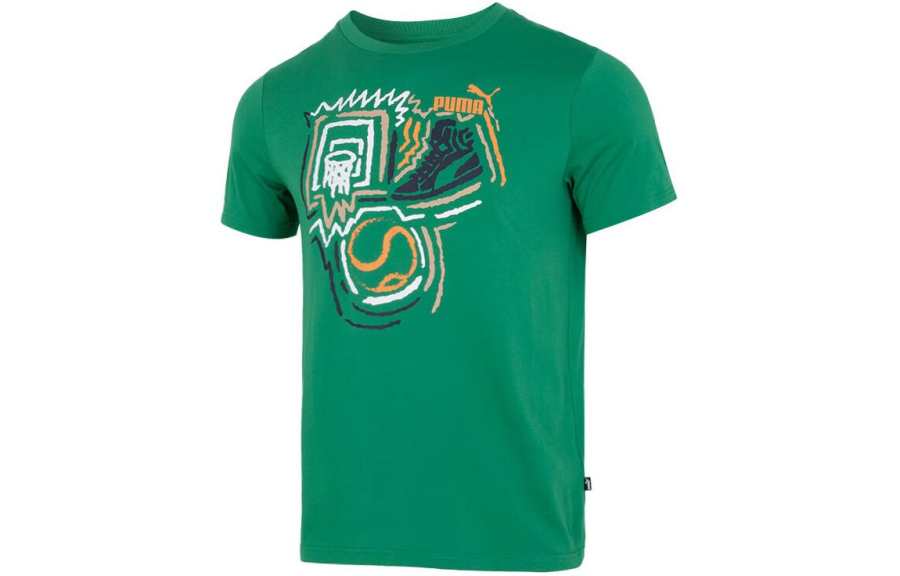 PUMA T Shirts Men's Green Crew Neck Moderate Straight Fit
