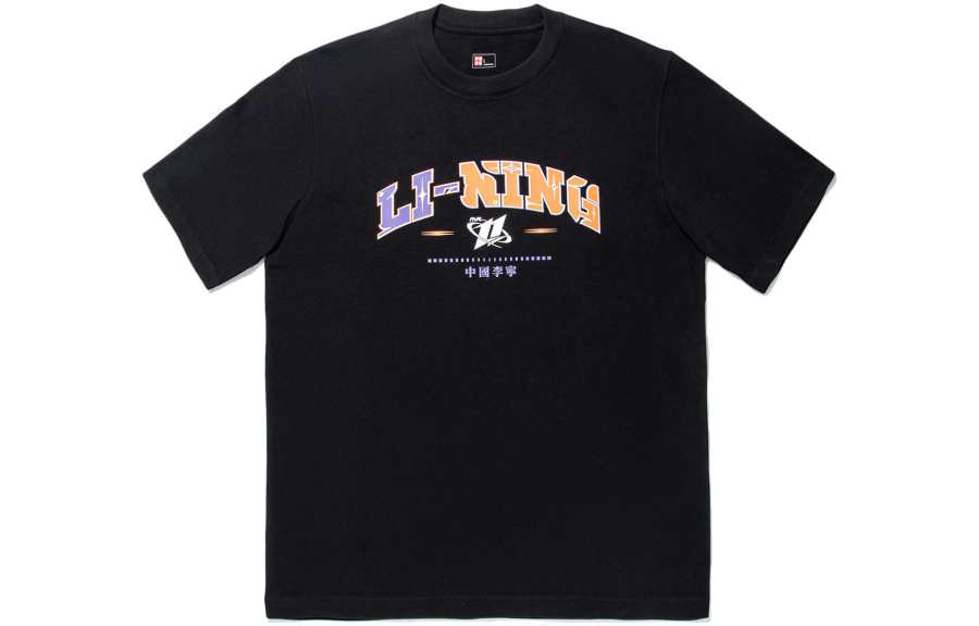 Li-Ning Li Ning T Shirts Unisex Black Crew Neck Moderate Straight Fit