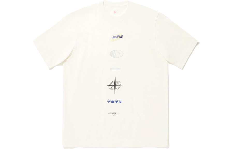 Li-Ning Li Ning T Shirts Unisex Ecru Crew Neck Moderate Straight Fit
