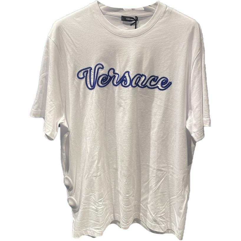VERSACE Letter Logo Embroidery Crew Neck Pullover Straight Fit Short Sleeved SS24 T Shirt Men's White