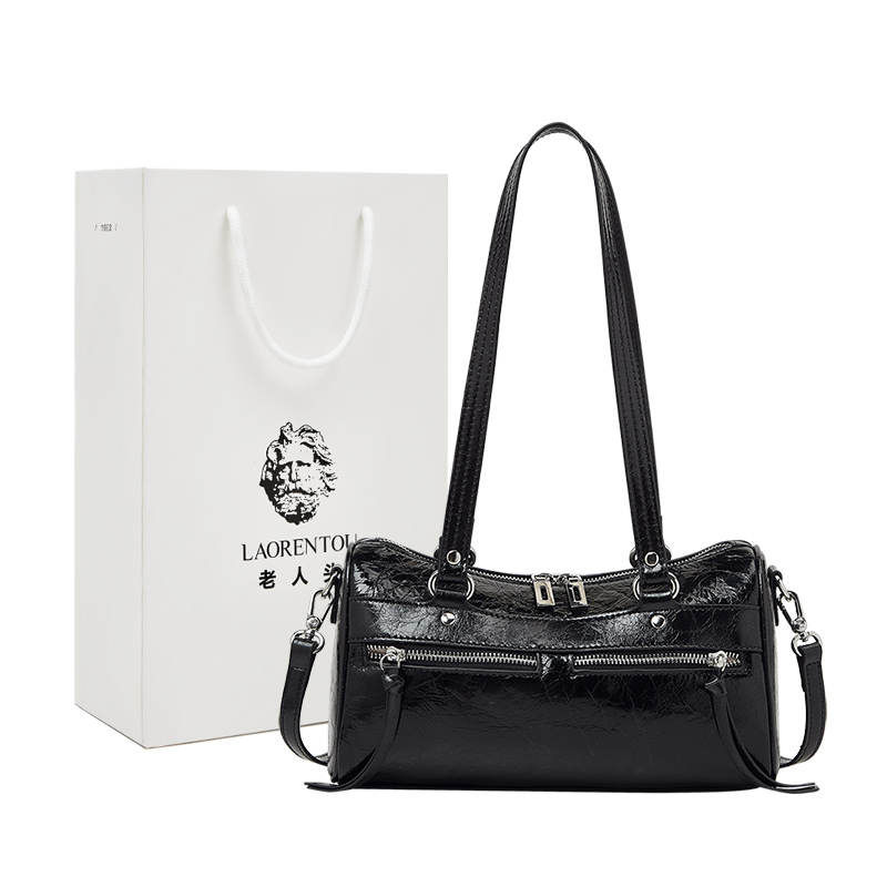 LAORENTOU Top Grain Cow Leather Pillow Bag, Crossbody Bag, Shoulder Bag Women's Black/Khaki/Silver
