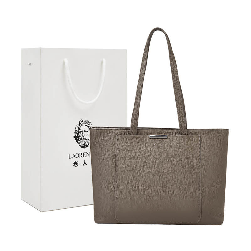 LAORENTOU Top Grain Cow Leather Tote Bag, Shoulder Bag Regular Women's Elephant Gray/Brown/Black