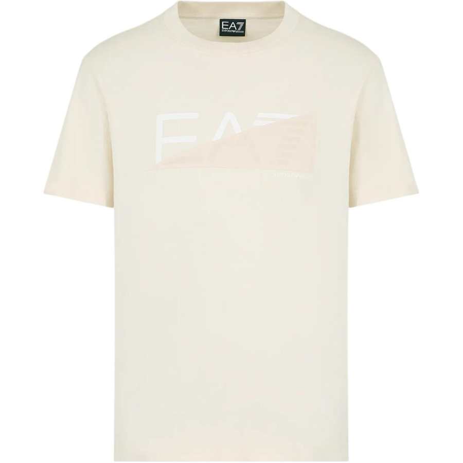 EMPORIO ARMANI EA7 Letter Logo Print Casual Crew Neck Short Sleeved SS24 T Shirt Men's Cream Apricot