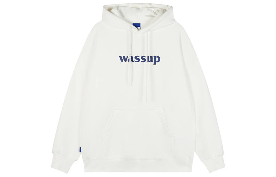 WASSUP Letter Basic Logo Pullover Hooded Loose Fit Fleece Lined Sweatshirt Unisex