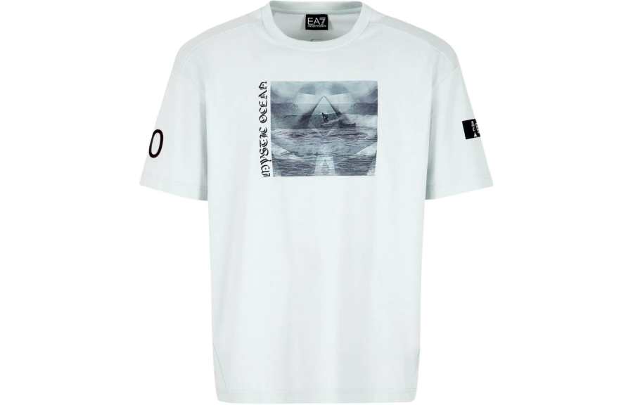 EMPORIO ARMANI EA7 Letter Logo Print Crew Neck Short Sleeved SS24 T Shirt Men's Gray Blue