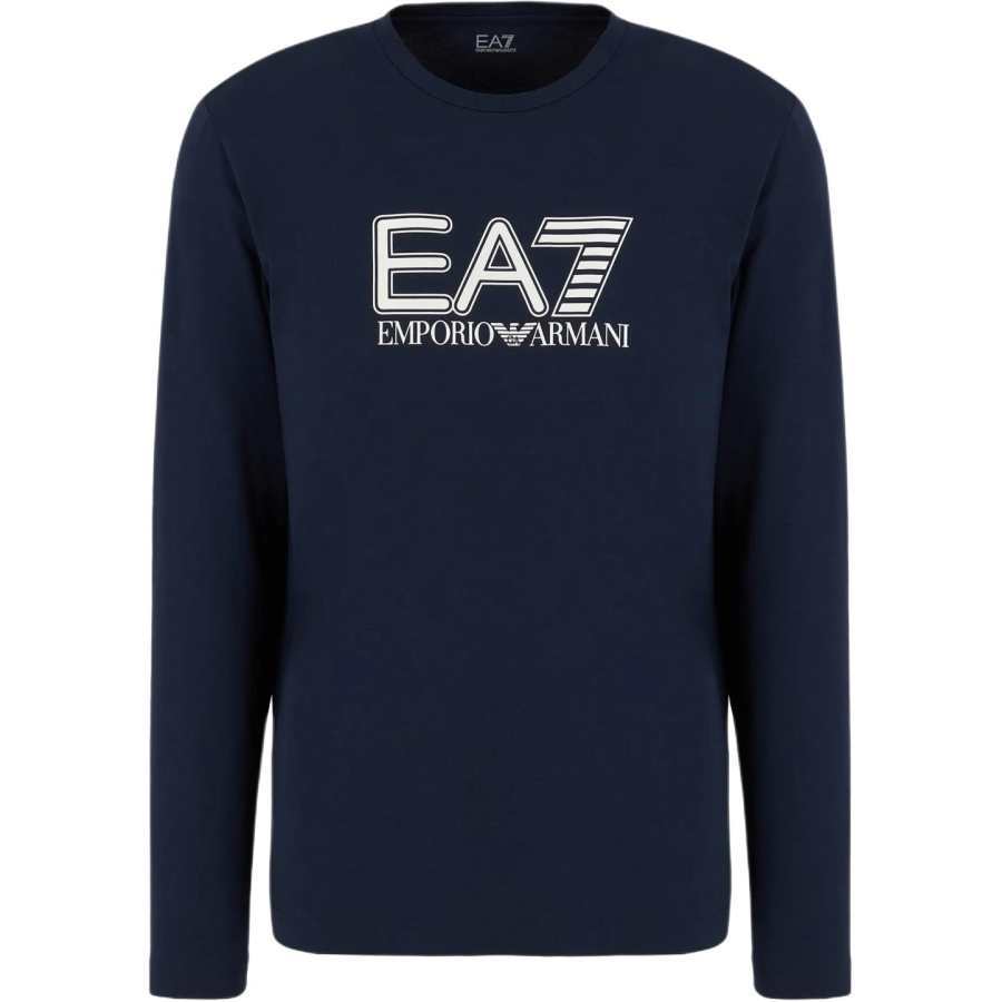 EMPORIO ARMANI EA7 Letter Logo Print Crew Neck Slim Fit Long Sleeved SS24 T Shirt Men's Navy Blue