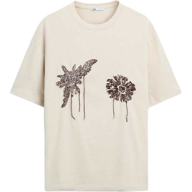 ZARA T Shirts Men's Tan Crew Neck Moderate Straight Fit