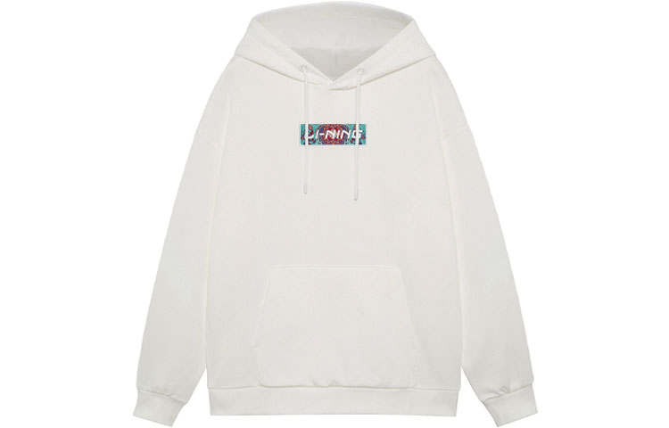 Li-Ning Li Ning Sports Fashion Collection Embroidery Logo Fleece Lined Thermal Pullover, Winter Sweatshirt Unisex Ivory