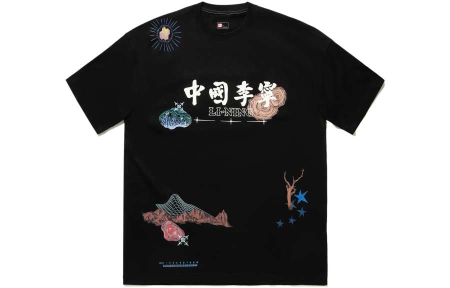 Li-Ning Li Ning T Shirts Unisex Black Crew Neck Moderate