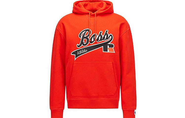 HUGO BOSS X Russell Athletic Sweatshirts Men's Orange Hooded Moderate Regular
